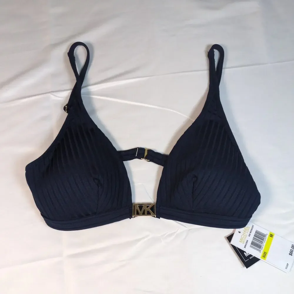 Michael Kors Bikini Top Womens Medium Navy Blue MK Gold Hardware Ribbed Swim Bra